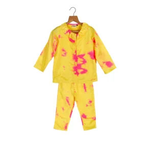 YELLOW TIE & DYE CORD SET IN ART SILK -Yellow & pink