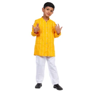 Boys Handloom Cotton Kurta Pyjama Set (Yellow)