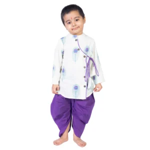 Boys Peacock Feather Print Kurta Dhoti Set (Off-white, Purple)