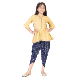 Girl Peplum Kurti with Dhoti Style Salwar Set Beige & Blue